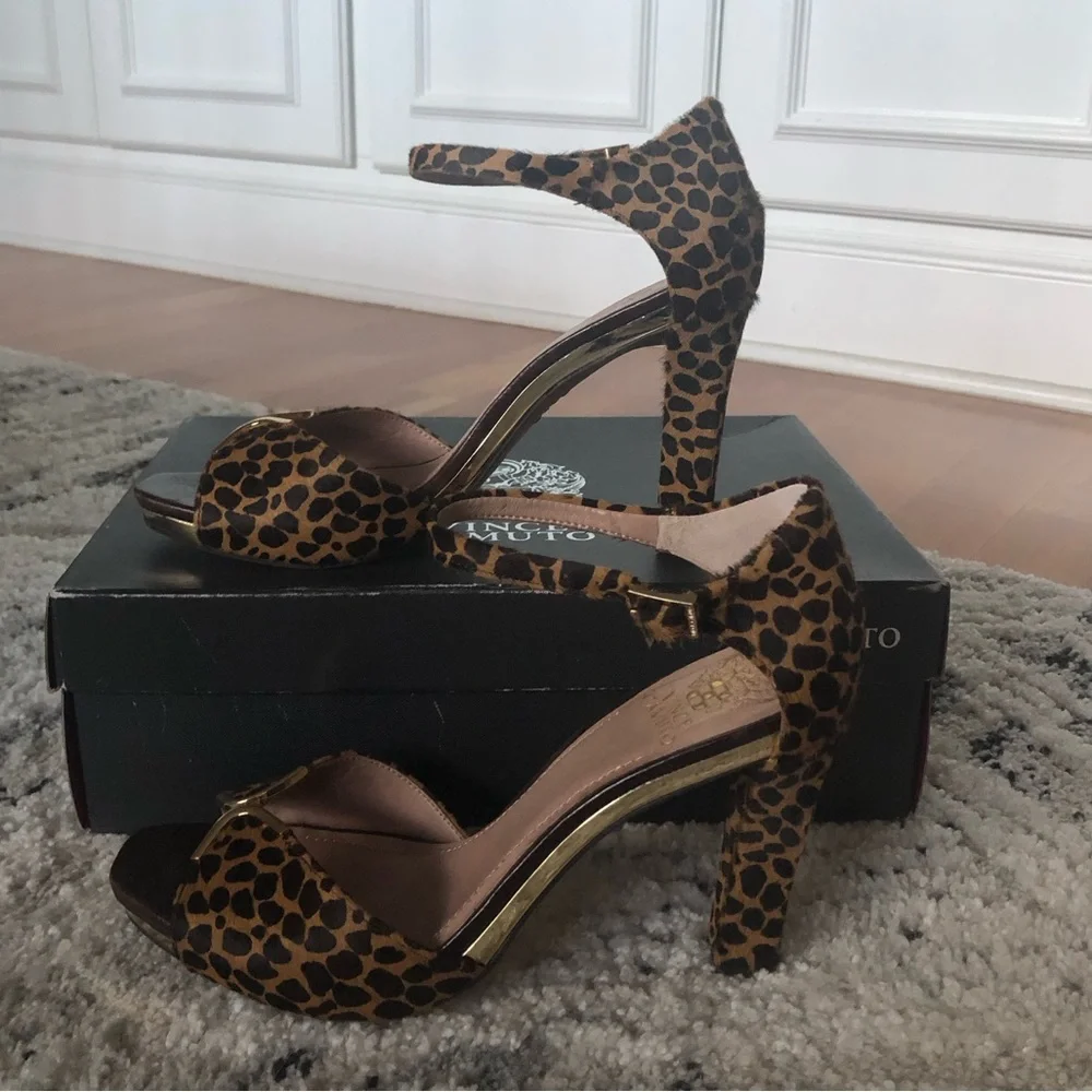 Vince Camuto Leopard Print Ankle Strap High Heels